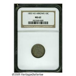 1853 10C No Arrows MS62 NGC. Sharply struck, with