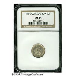 1875-CC 10C Mintmark Below Bow MS64 NGC. Lustrous