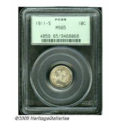 1911-S 10C MS65 PCGS. Mottled lilac-rose surfaces