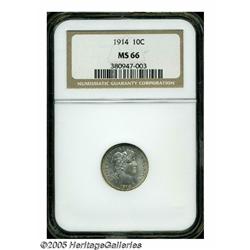 1914 10C MS66 NGC. Wisps of tan patina enrich the