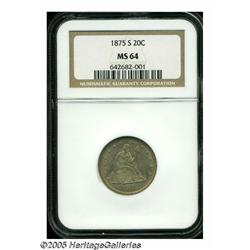 1875-S 20C MS64 NGC. Dusky golden-gray patination