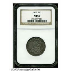1821 25C AU58 NGC. B-3, R.2. A bold dove-gray exa