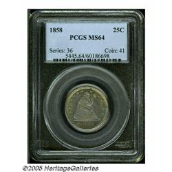 1858 25C MS64 PCGS. A layer of medium intensity c