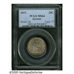 1873 25C Arrows MS64 PCGS. Richly toned in reddis