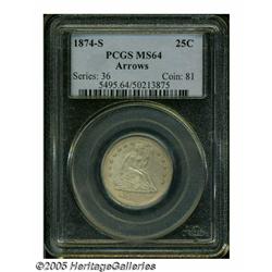 1874-S 25C Arrows MS64 PCGS. Lightly golden-snow 