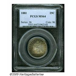 1881 25C MS64 PCGS. Mottled vibrant violet sits o
