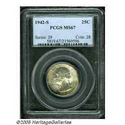 1942-S 25C MS67 PCGS. Lovely lemon, sky-blue, and