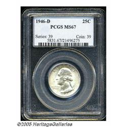 1946-D 25C MS67 PCGS. A satiny white gem with jus
