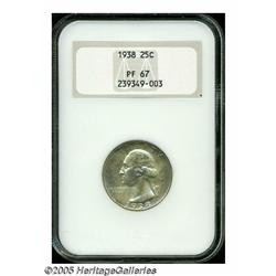 1938 25C PR67 NGC. Cloudy olive-tan patina runs o