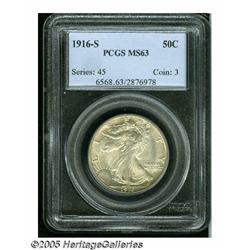 1916-S 50C MS63 PCGS. Apricot-rose color bathes t
