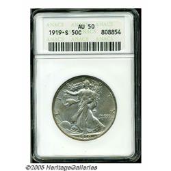 1919-S 50C AU50 ANACS. Light-grey color with some