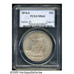 1874-S T$1 MS63 PCGS. Attractive golden-violet su