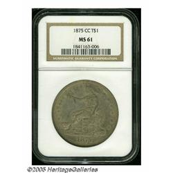 1875-CC T$1 MS61 NGC. Type One Reverse. Deep oran