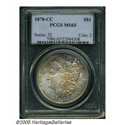 1878-CC S$1 MS65 PCGS. Mottled violet and crimson