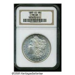 1892-CC S$1 MS63 NGC. A lightly frosted example w