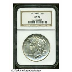 1921 S$1 MS64 NGC. Well struck and lustrous, with