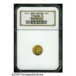 1849 G$1 Open Wreath MS64 NGC. Sharply struck wit