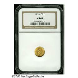 1853 G$1 MS63 NGC. Well struck and lustrous, with