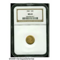 1861 G$1 MS63 NGC. Sharply struck with mildly pro