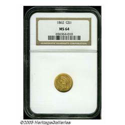 1862 G$1 MS64 NGC. Well struck with glowing, soft