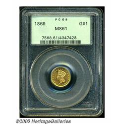 1869 G$1 MS61 PCGS. Light golden-brown toning vis