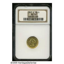 1847-O $2 1/2 AU53 NGC. Yellow-gold surfaces exhi