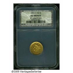 1852-D $2 1/2 AU50 Details, Reverse Scratched, NC