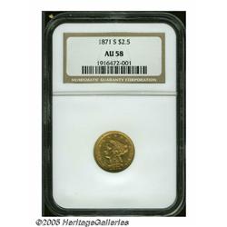 1871-S $2 1/2 AU58 NGC. Moderately scarce in all 