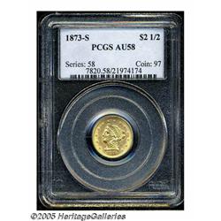 1873-S $2 1/2 AU58 PCGS. Despite very light wear,