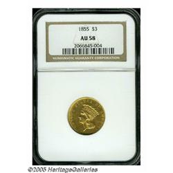 1855 $3 AU58 NGC. At attractive lightly circulate