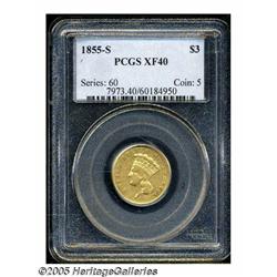 1855-S $3 XF40 PCGS. Faintly-orange golden color,