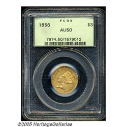 1856 $3 AU50 PCGS. Lovely sand-golden surfaces wi