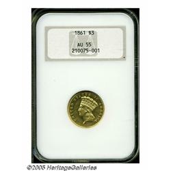1861 $3 AU55 NGC. Well struck and almost fully lu