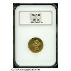 1867 $3 AU53 NGC. Fewer than two hundred and fift
