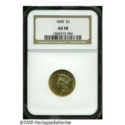 1868 $3 AU58 NGC. Much remaining luster shows wit