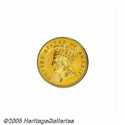 1885 $3 MS64 PCGS. This prooflike, reddish-gold e