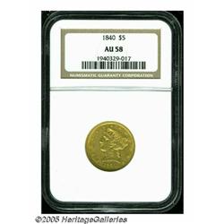 1840 $5 Narrow Mill AU58 NGC. Lovely green-golden