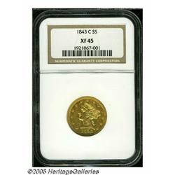 1843-C $5 XF45 NGC. Variety 6-C. Lustrous and mod