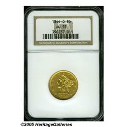 1844-O $5 AU55 NGC. Pretty example with green-tin