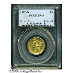 1852-D $5 XF45 PCGS. Variety 27-S. A bright canar
