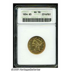1854 $5 AU58 ANACS. Still lustrous, with some sca