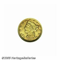 1857-C $5 AU50 NGC. Variety 25-J, the only known 