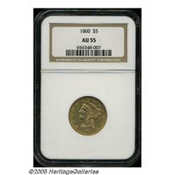 1860 $5 AU55 NGC. Unlike the next year's producti