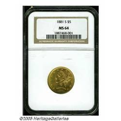 1881-S $5 MS64 NGC. This attractive near-Gem disp