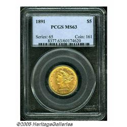 1891 $5 MS63 PCGS. Luscious bright-pink and deep 