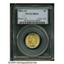 1891-CC $5 MS62 PCGS. Sharply struck with light y