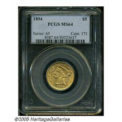 1894 $5 MS64 PCGS. Sharply struck with thick, sat