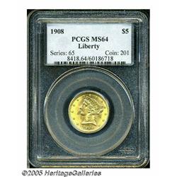 1908 $5 MS64 PCGS. Lustrous surfaces display plea