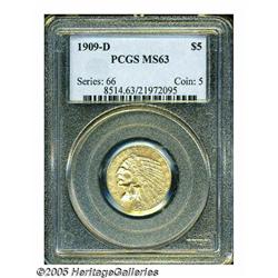 1909-D $5 MS63 PCGS. Lustrous surfaces display a 