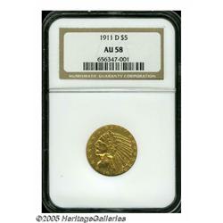 1911-D $5 AU58 NGC. An attractive red-golden exam